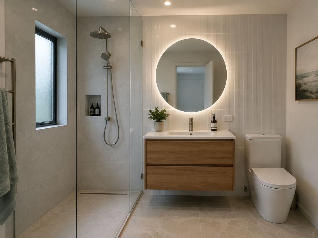 Renovated Wellington bathroom with a walk-in tiled shower, timber vanity and backlit round mirror
