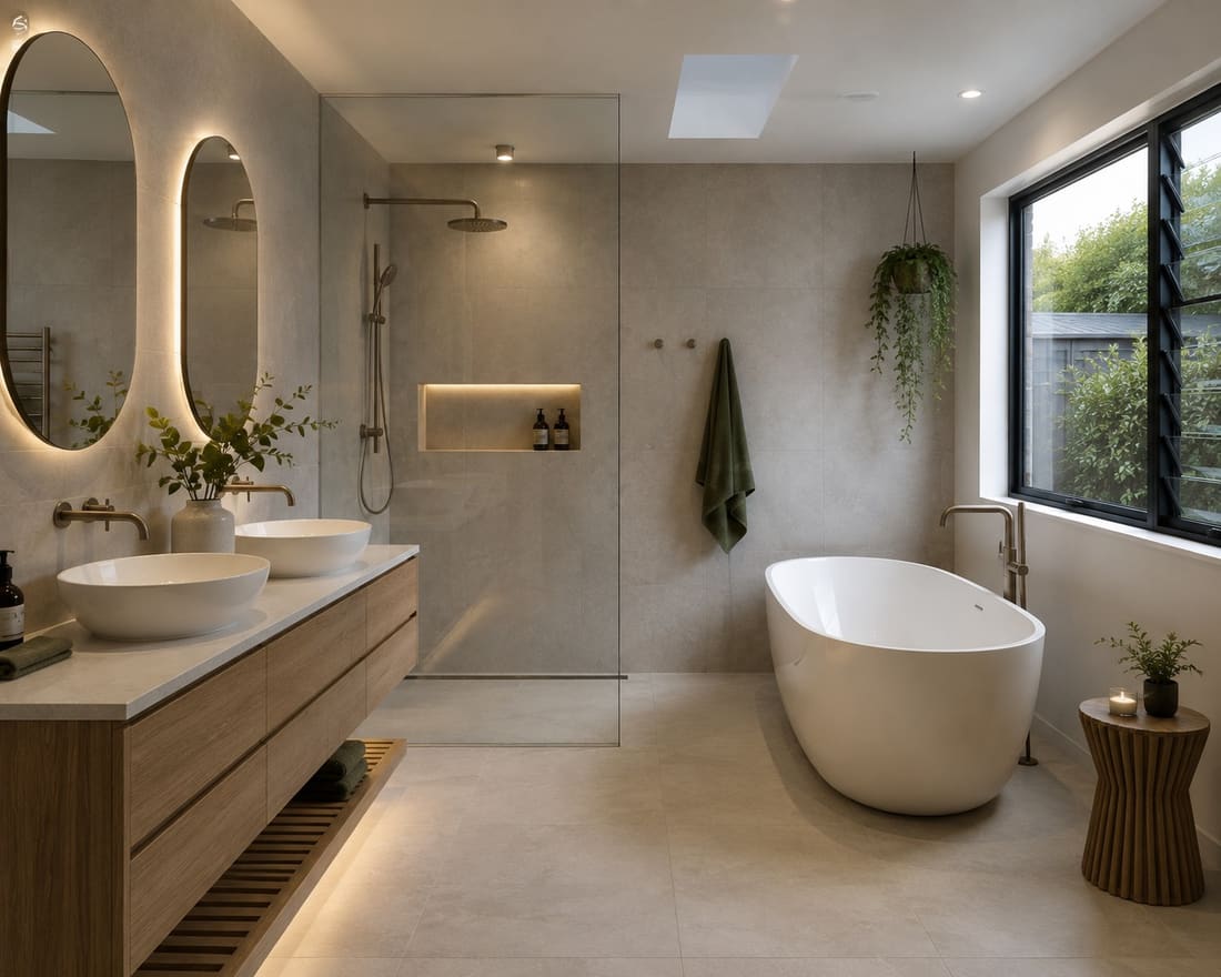 Renovated Wellington bathroom with a freestanding bath, twin basins and a walk-in shower