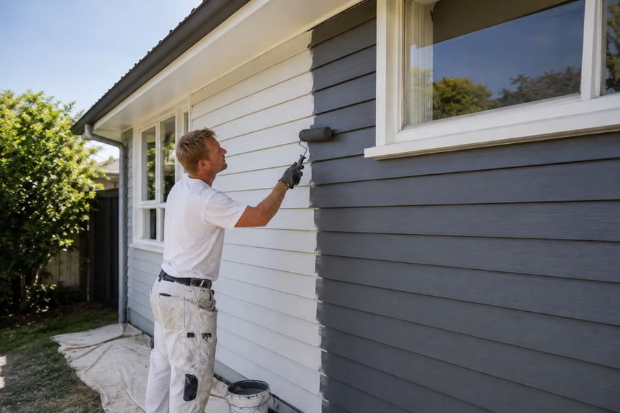 Painter rolling paint onto the weatherboard exterior of a Wellington house