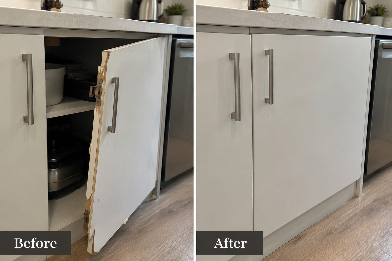 Before and after a kitchen cabinet repair: on the left a white cabinet door hanging off its hinges with the particle board edge broken away, on the right the same run of cabinetry with the door rehung and sitting flush
