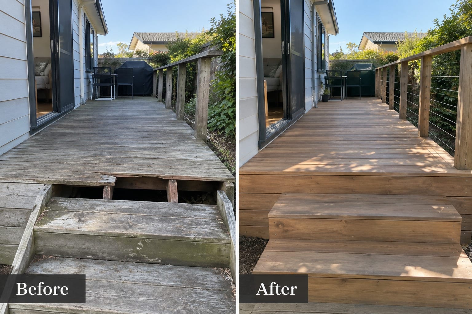 Before and after a deck repair: on the left a weathered grey timber deck with collapsed, rotten steps and a gap through to the framing, on the right the same deck rebuilt with sound new boards, fresh steps and a wire balustrade