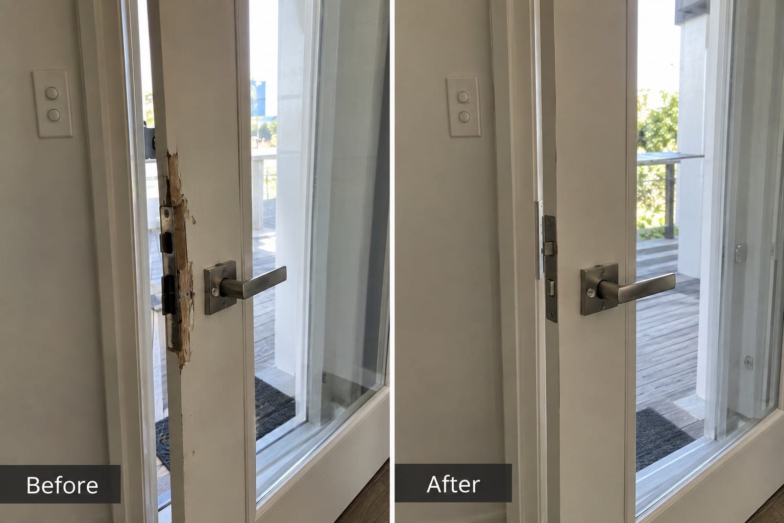 Before and after a door repair: on the left a door jamb with the timber splintered away around the strike plate, on the right the same jamb repaired with a clean new strike plate and working latch