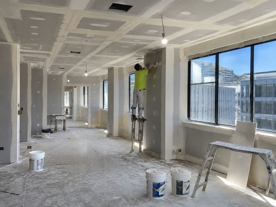 Commercial office interior being plastered, with fresh plasterboard walls and ceiling