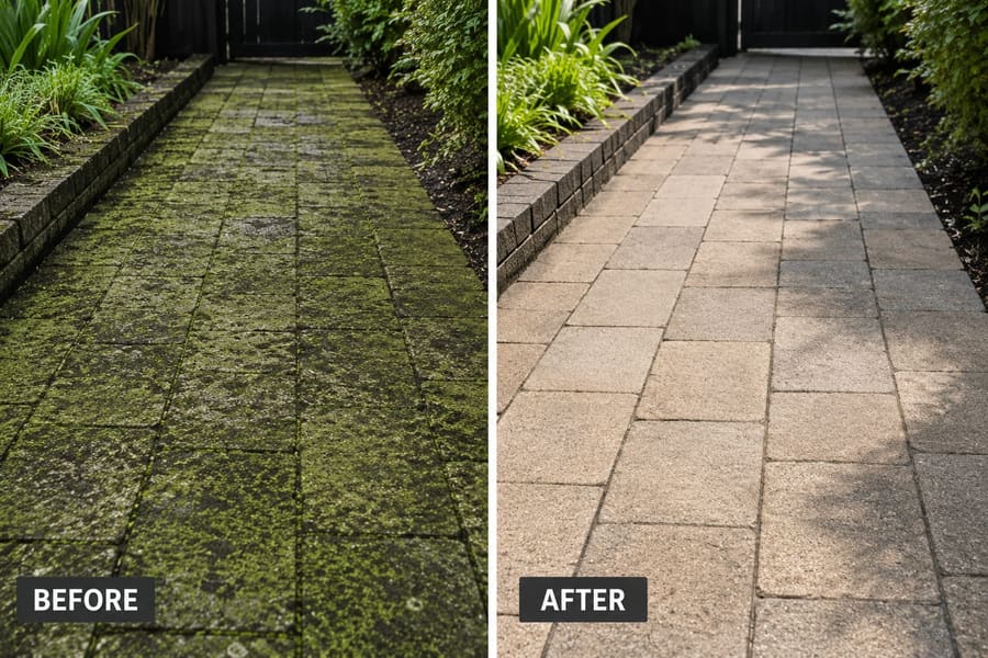 Before and after: a paved path thick with green moss, then cleaned back to bare stone