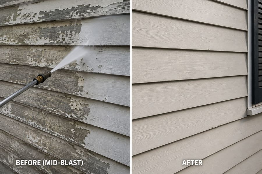Before and after: weatherboards with peeling paint and mould being blasted, then clean and paint-ready