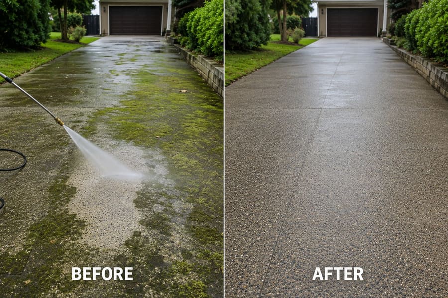 Before and after: a driveway covered in slippery green algae being water blasted, then clean concrete