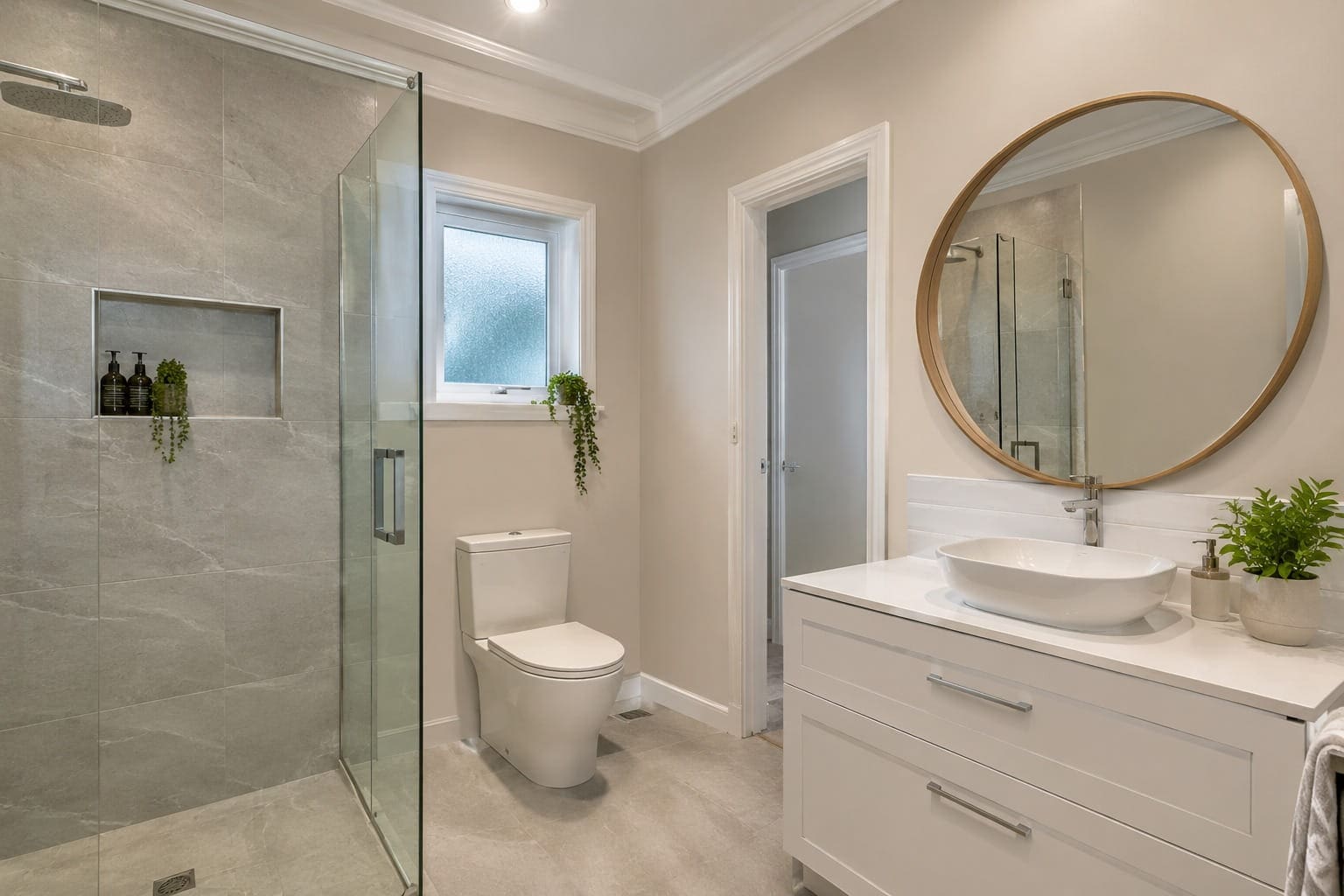 Renovated Wellington bathroom with a glass shower, vanity and round mirror