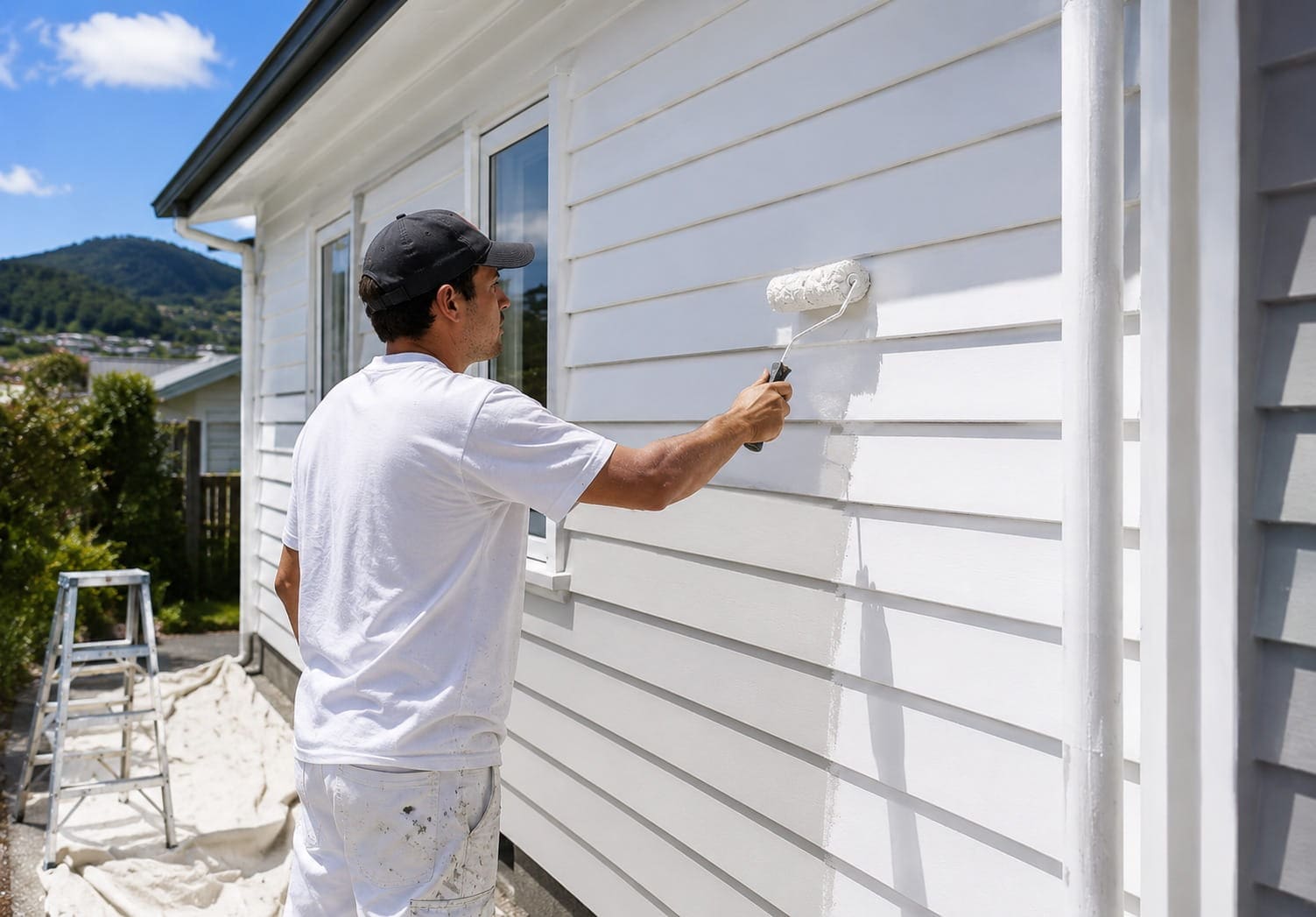 House painter rolling fresh paint onto weatherboard cladding in Wellington