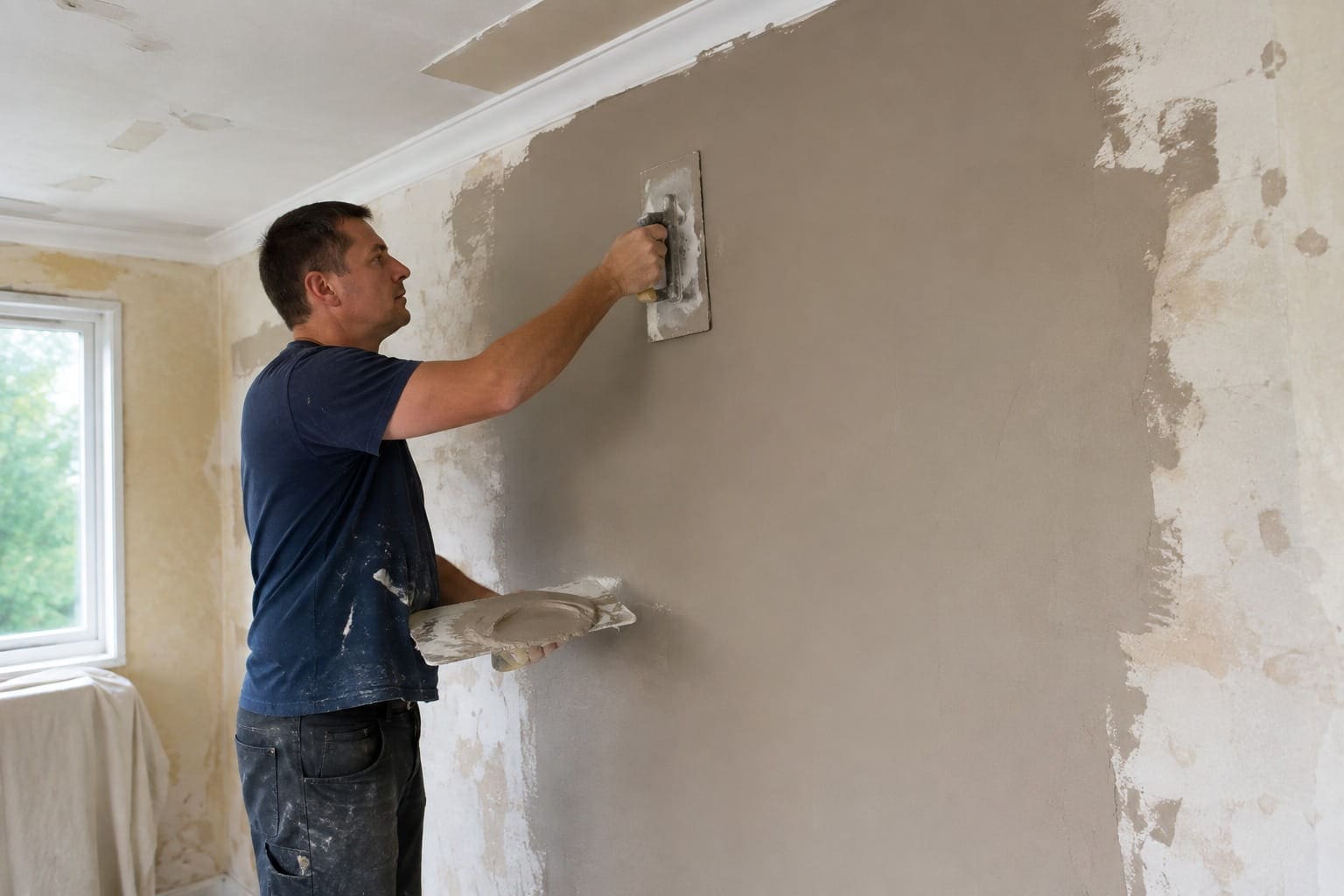 Plasterer skimming an interior wall smooth in a Wellington home
