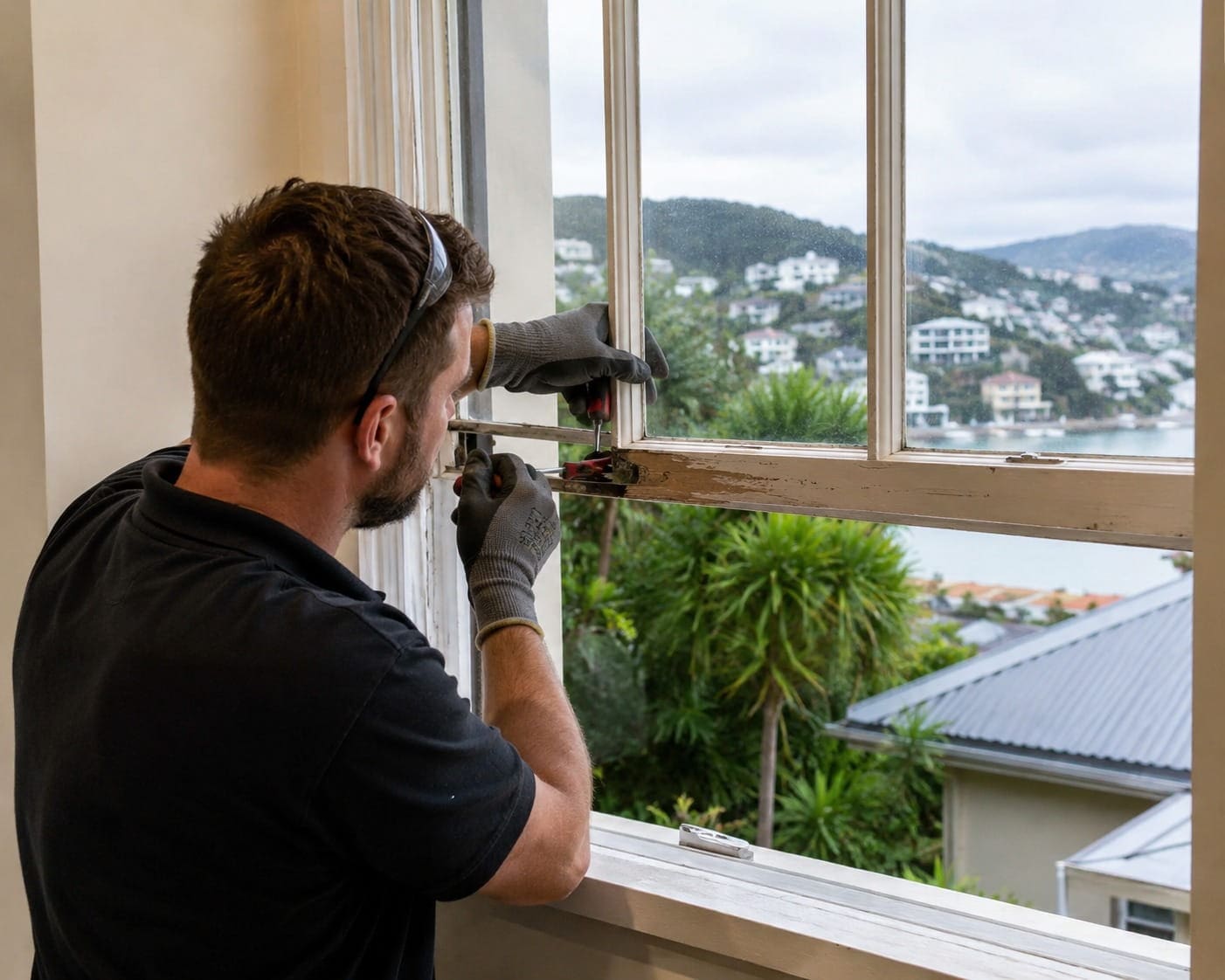 Handyman repairing a window frame in a Wellington home